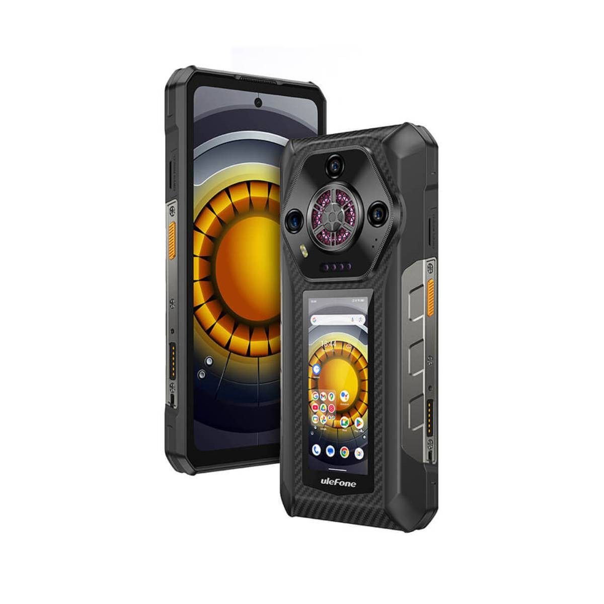 Dwa wytrzymałe czarne smartfony z aparatami i ekranami.