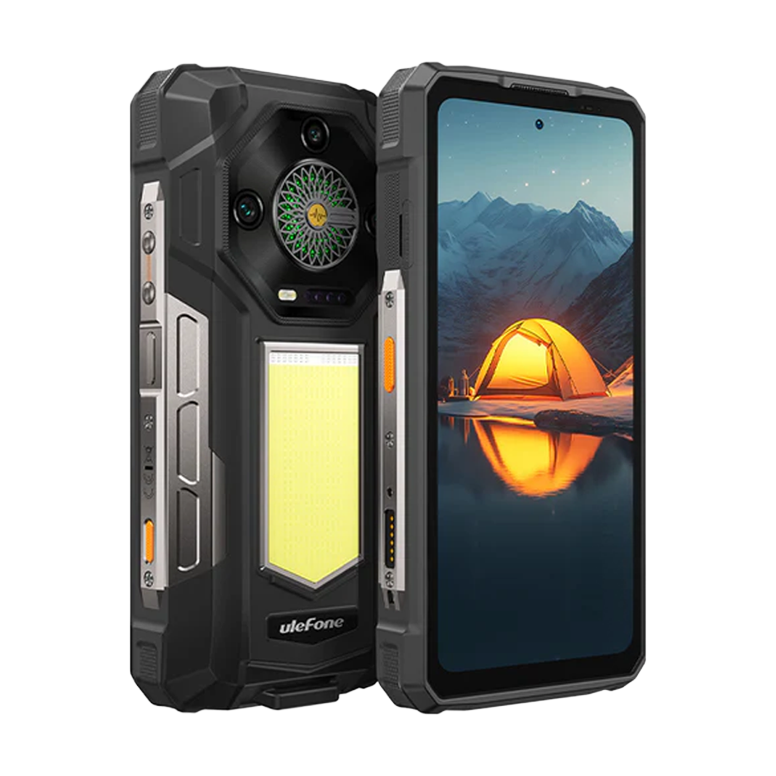 Wytrzymały smartfon z aparatami i jasnym światłem. Ekran pokazuje namiot nad jeziorem.