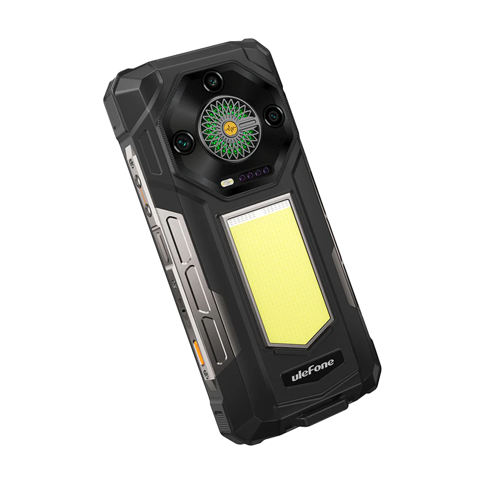 Wytrzymały czarny smartfon z trzema aparatami, symbolem wentylatora i jasnym światłem.