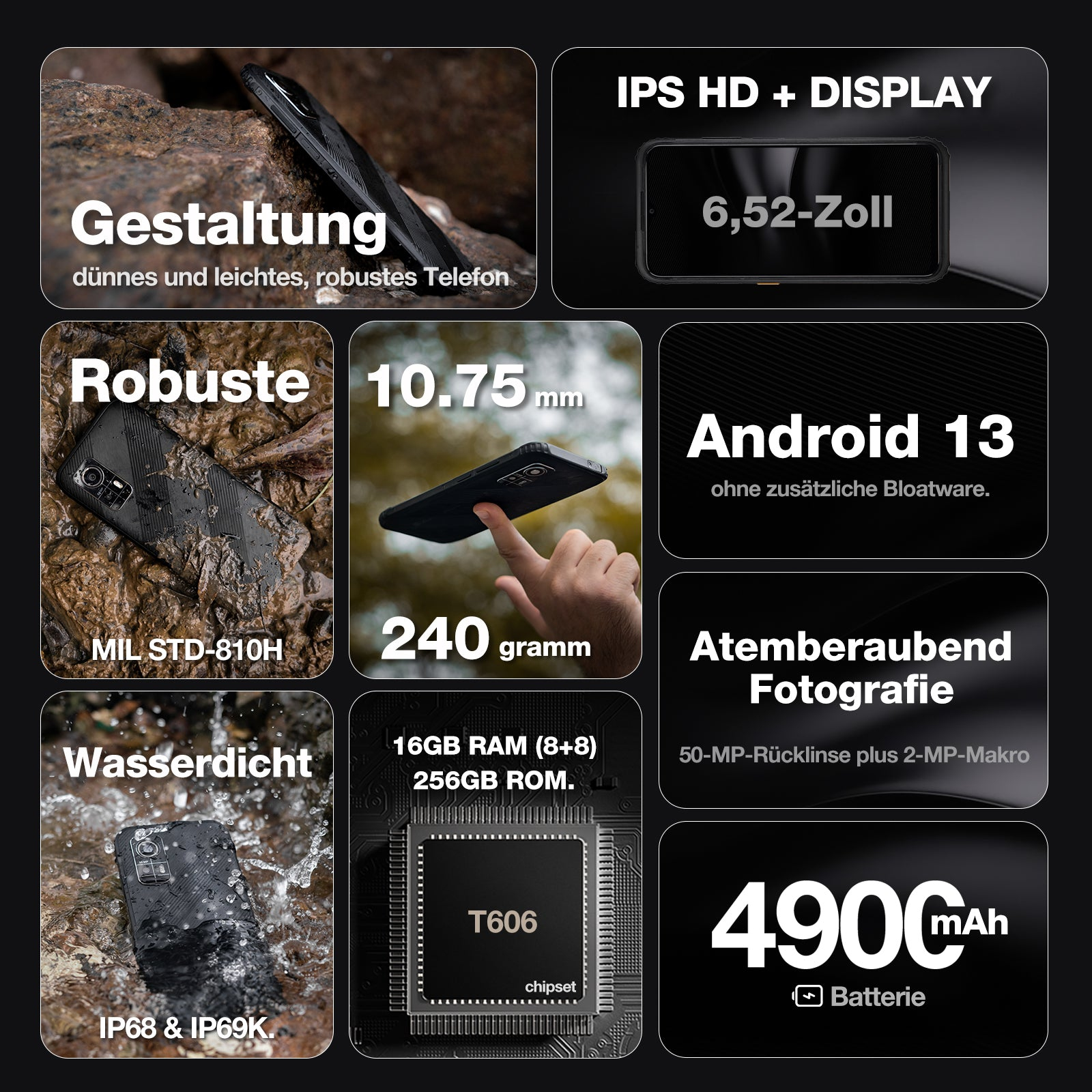 Wytrzymały, wodoodporny smartfon z wyświetlaczem IPS HD i systemem Android 13.