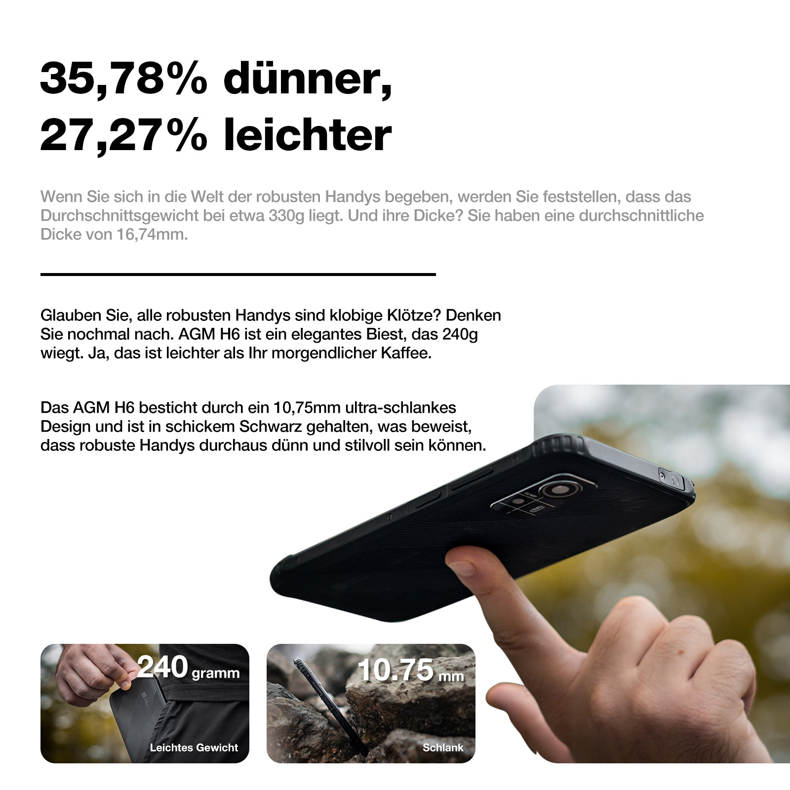 Czarny smartfon podkreślający wagę i smukłość. 240g lekki, 10,75mm cienki.