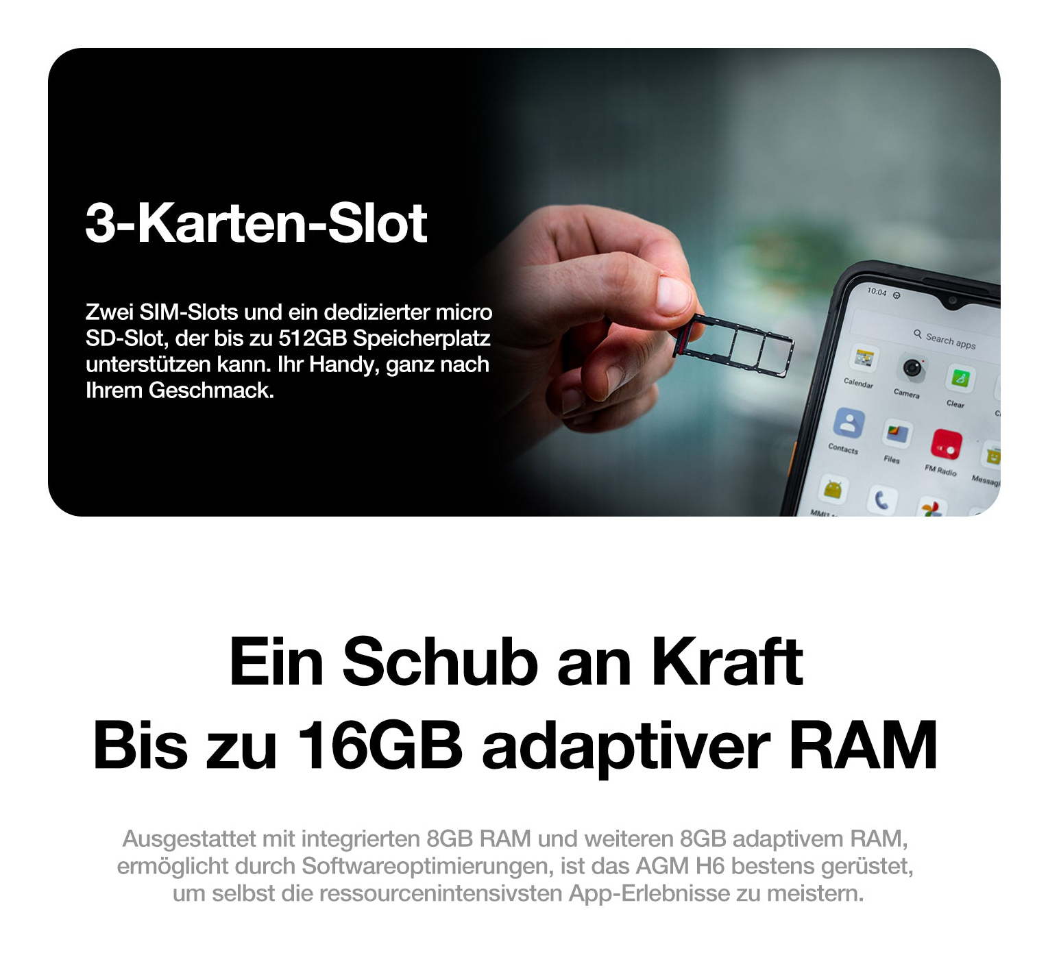 Pokazano tacę SIM telefonu na 2 karty SIM i kartę SD. Obok znajduje się telefon.