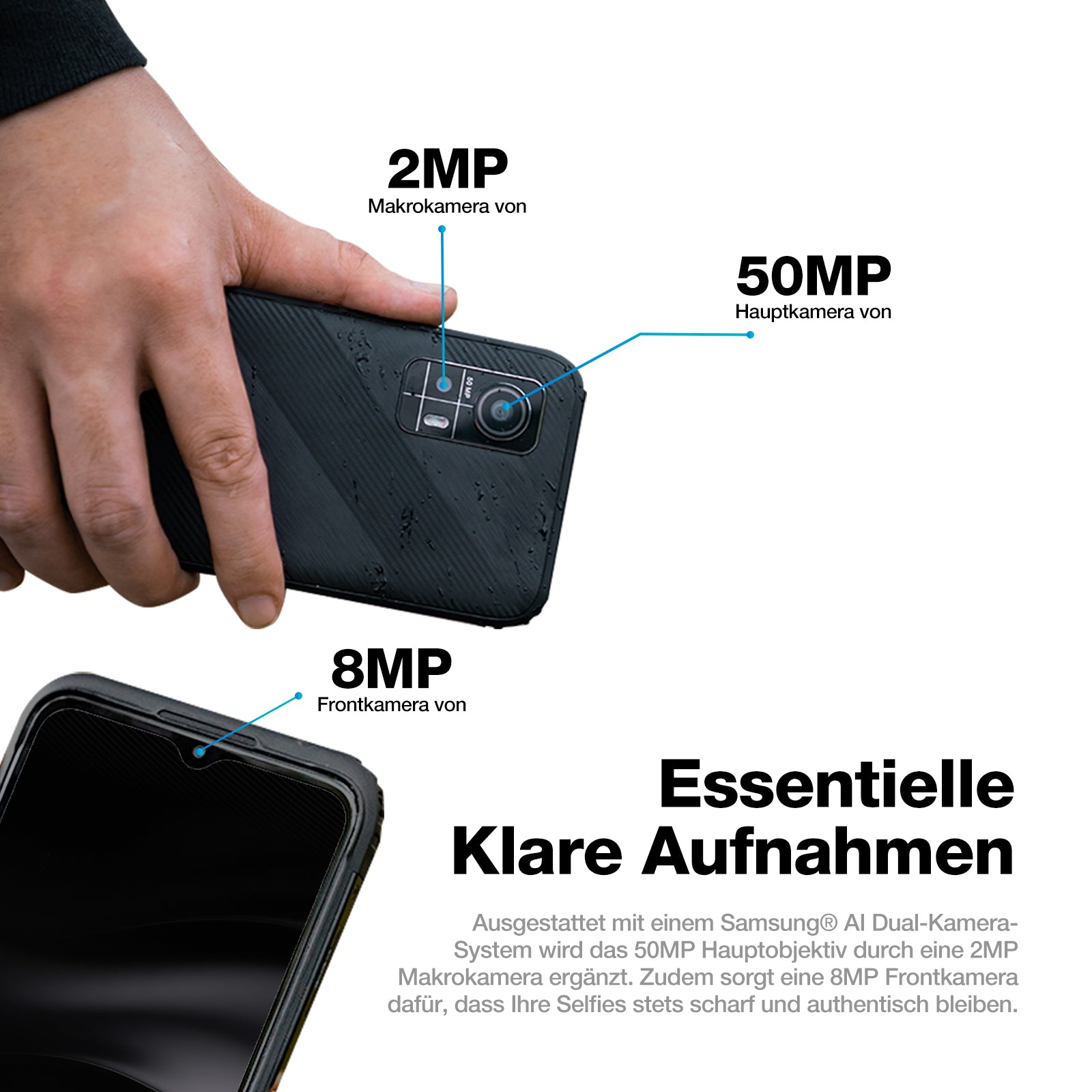 Smartfon z aparatem głównym 50MP, makro 2MP i przednim 8MP.