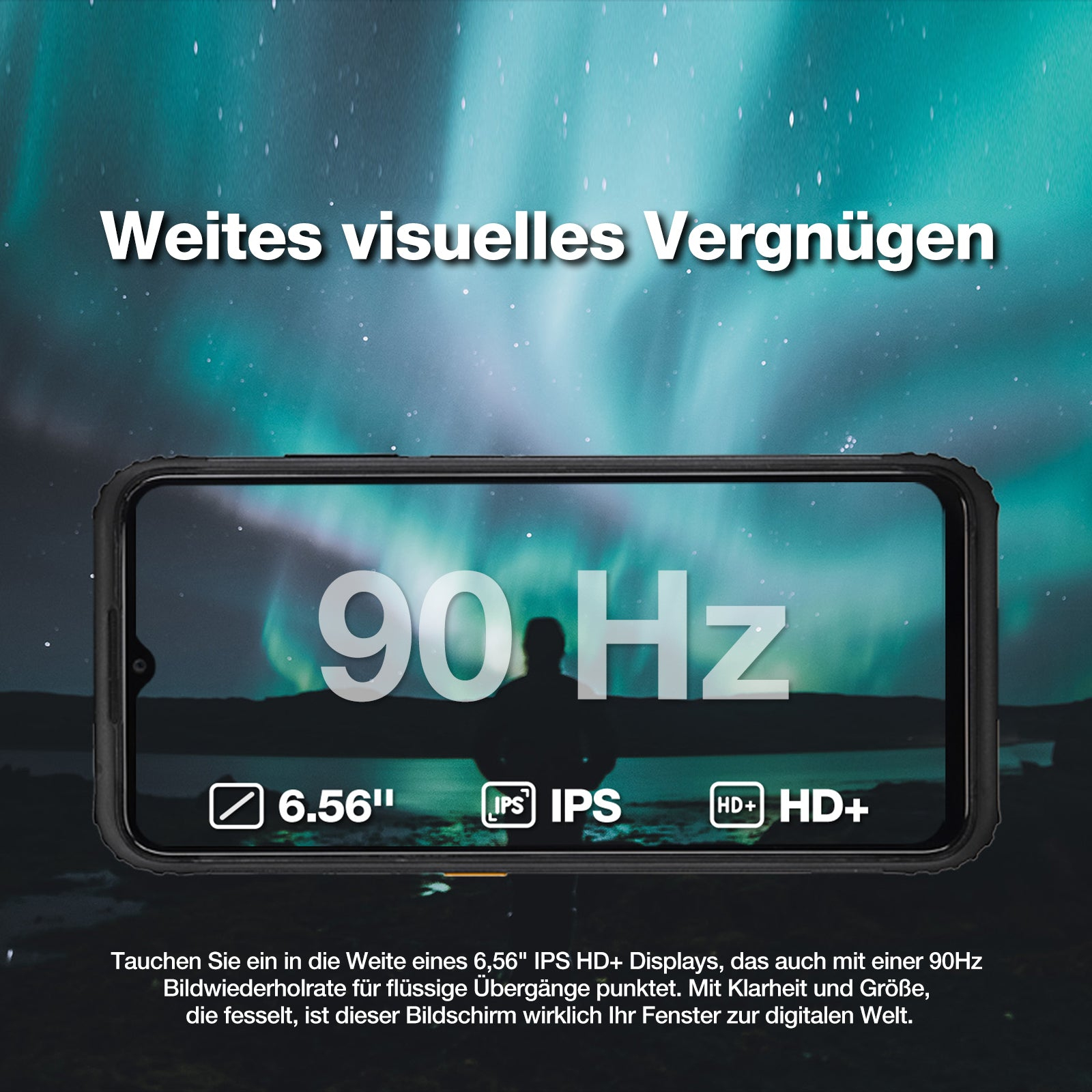 Wyświetlacz smartfona 90Hz, 6,56 cala, IPS HD+. Zorza polarna w tle.