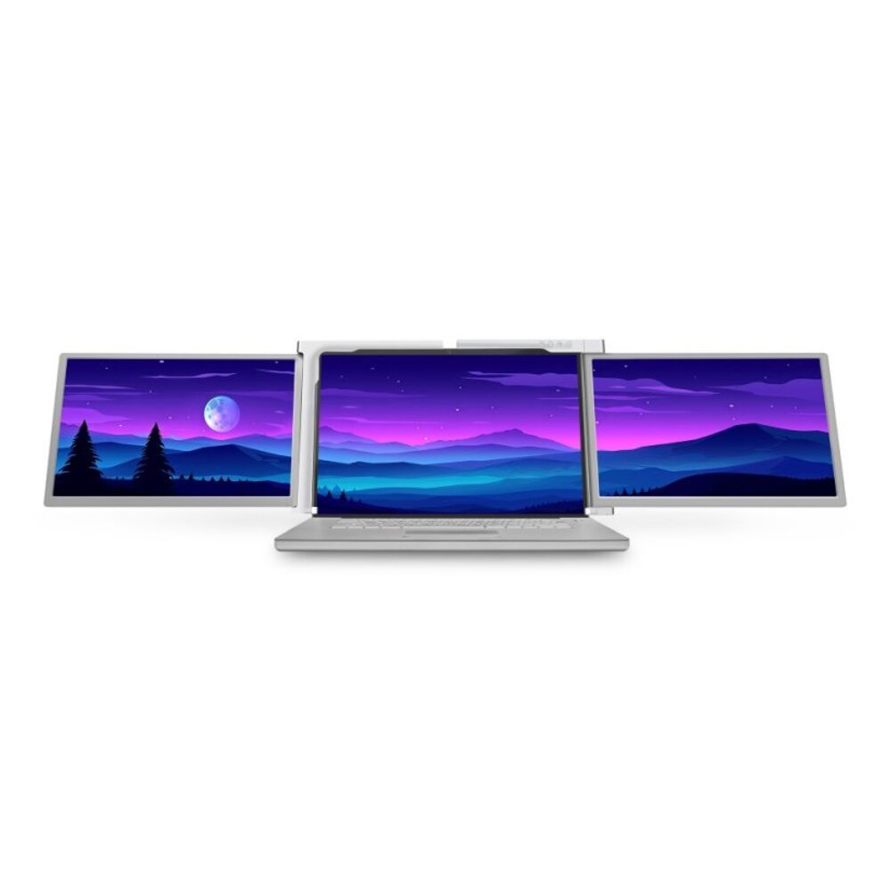 Laptop z trzema ekranami wyświetlającymi górskie krajobrazy.
