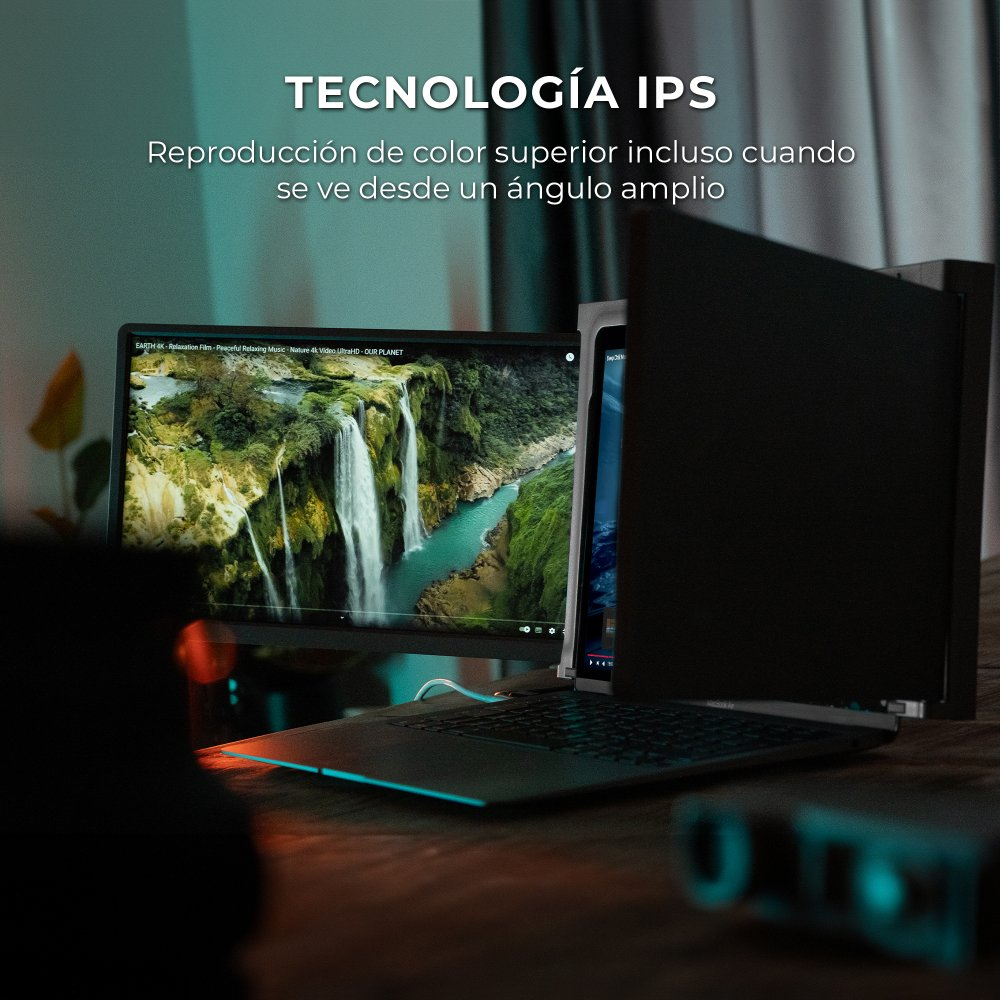 Laptop wyświetla wodospad na ekranie z technologią IPS.