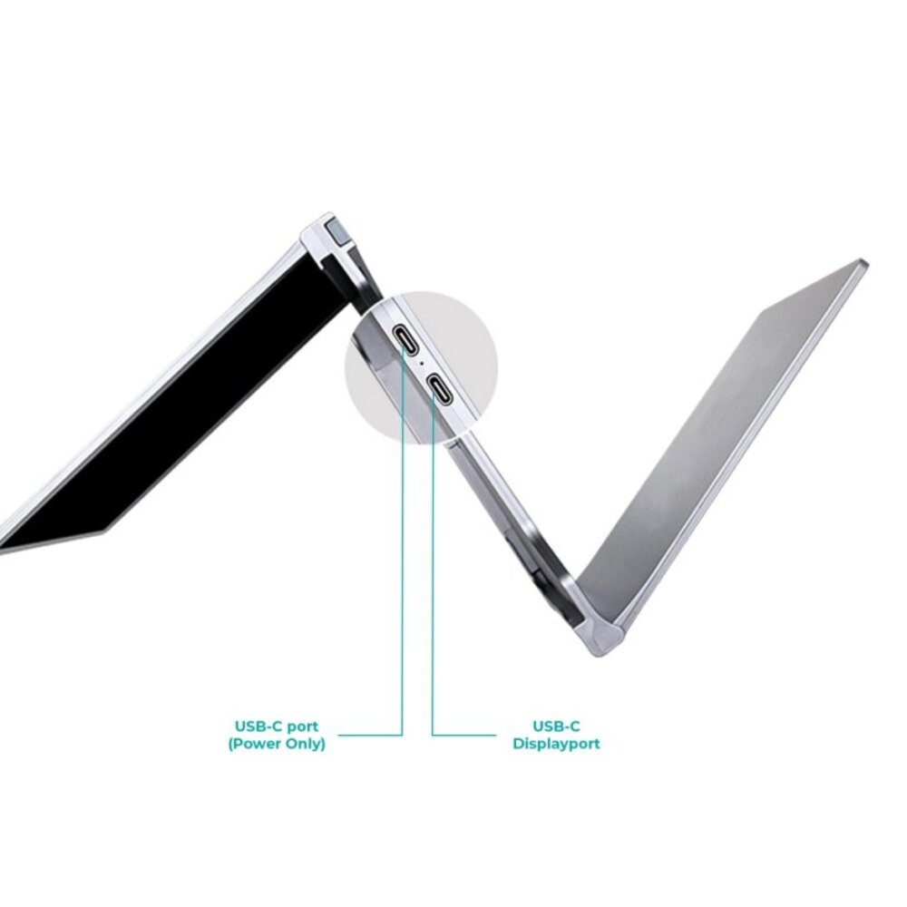 Srebrny laptop z dwoma portami USB-C, opisanymi.