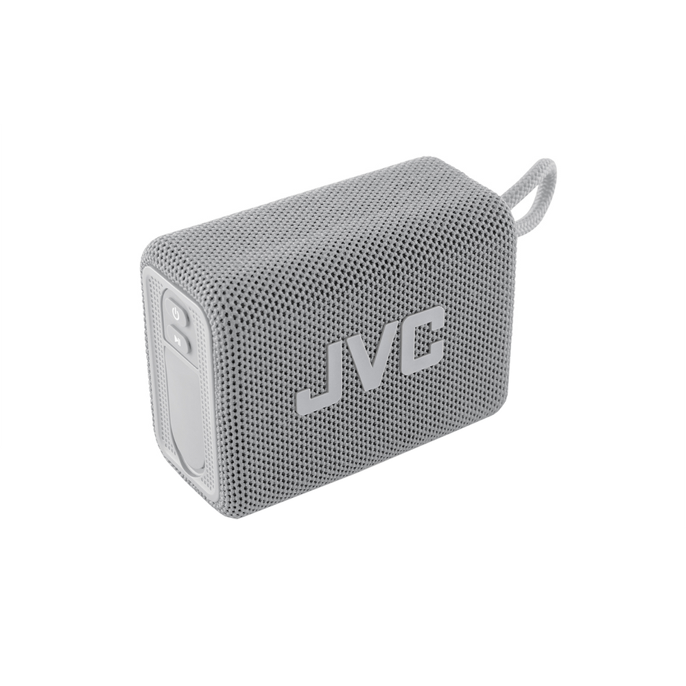 Szary głośnik Bluetooth JVC z pętelką i przyciskami bocznymi na białym tle.