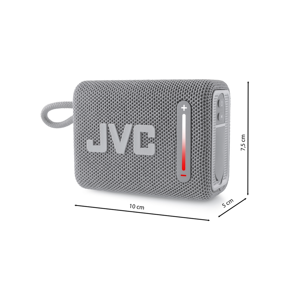 Szary głośnik Bluetooth JVC ze wskaźnikiem naładowania. Wymiary 10x7,5x5 cm.
