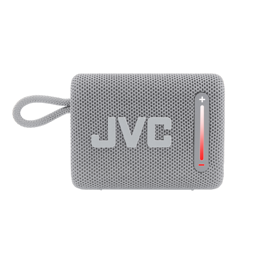 Szary głośnik Bluetooth JVC z czerwoną baterią i pętlą.