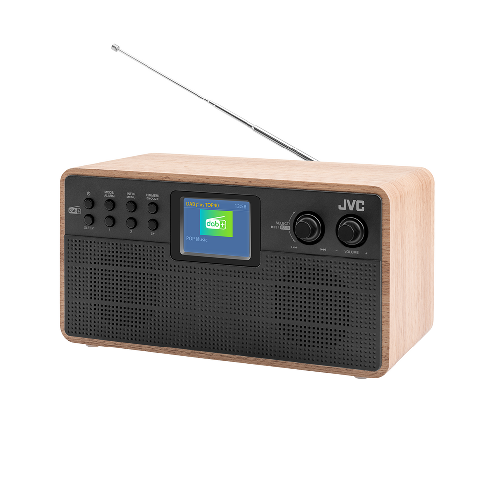 Radio JVC DAB+ z drewnianym wykończeniem, czarną maskownicą głośnika i małym ekranem.