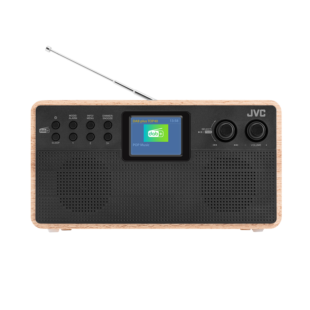Radio JVC DAB+ z efektem drewna, czarnym frontem i srebrną anteną.