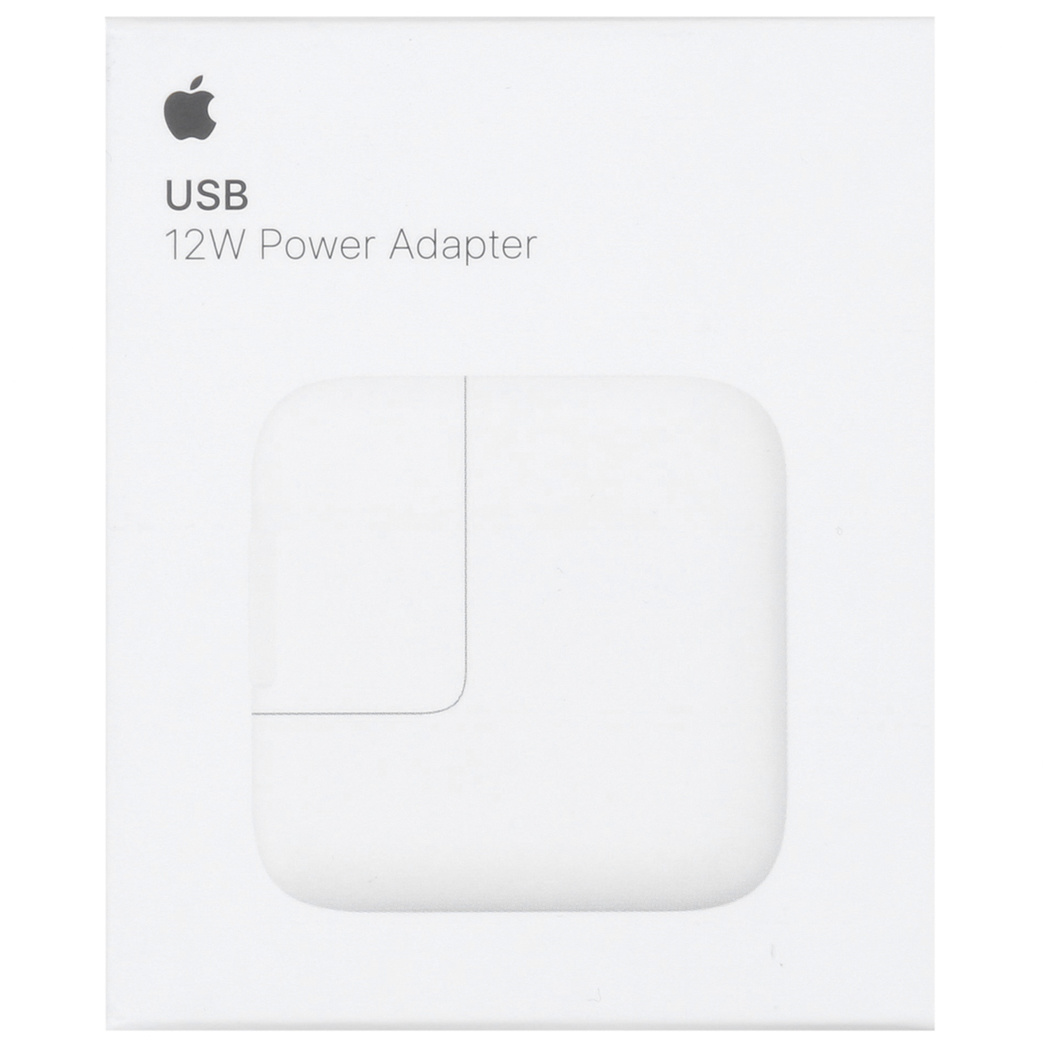 Verpackung eines weißen Apple USB 12W Netzadapters mit abgerundeten Ecken.