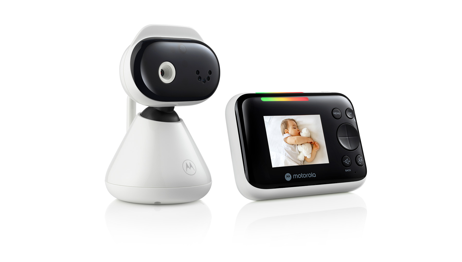 Ein Babyfon mit Kamera und Monitor, das ein schlafendes Baby zeigt.