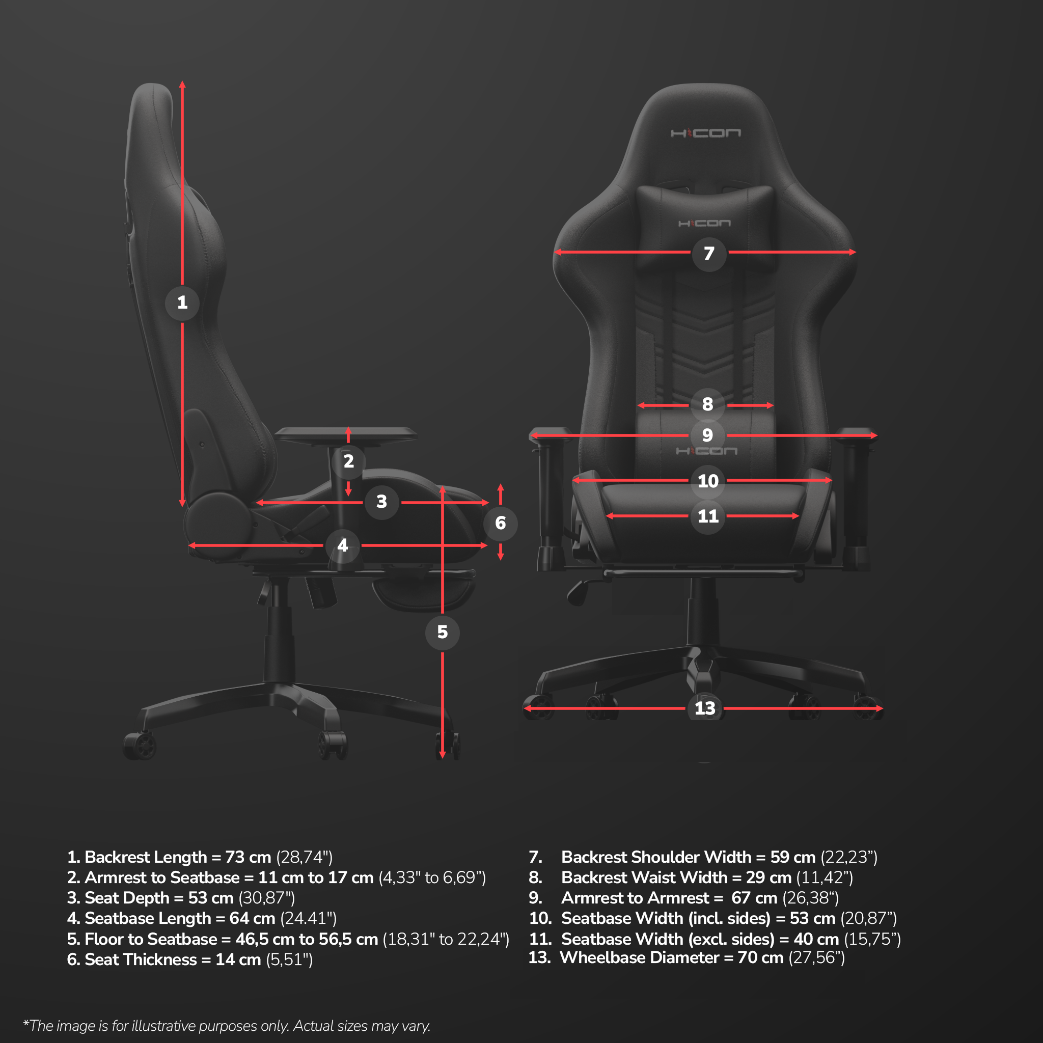 Une chaise gaming noire avec dimensions, vue de côté et de face.
