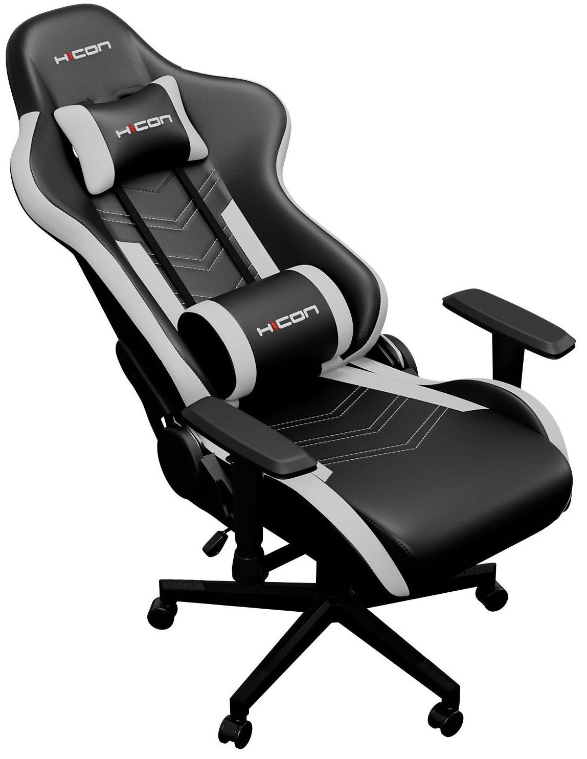 Chaise gaming noire avec accents blancs, coussins tête et lombaire.