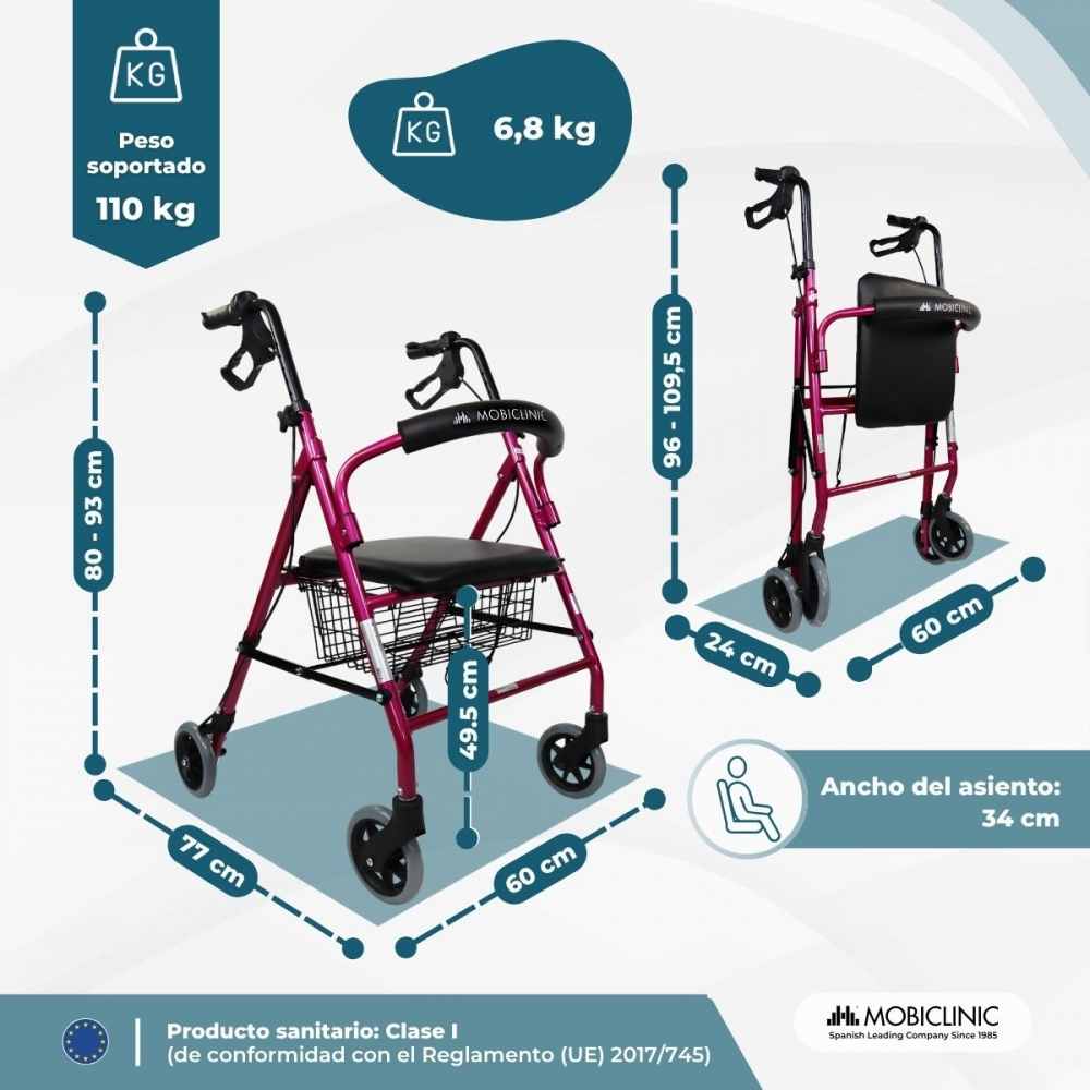 Andador rosa con asiento y cesta. Se muestran dimensiones y peso.