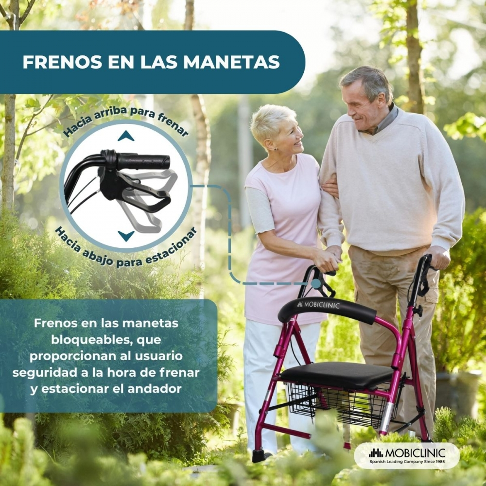 Pareja mayor al aire libre con andador; primer plano de frenos en el manillar.