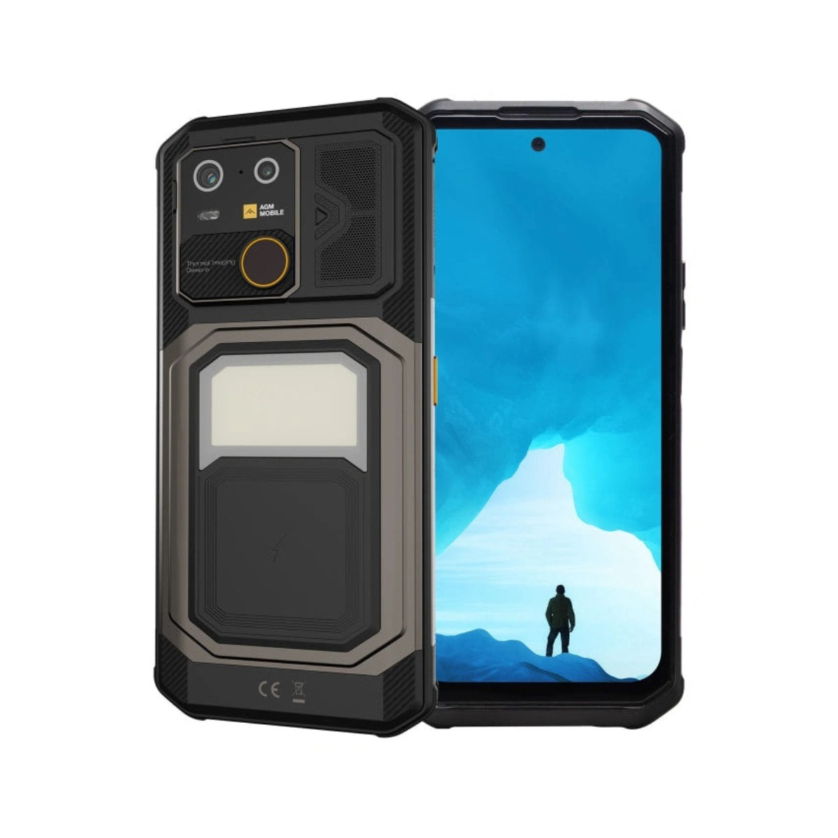 Smartphone robusto con doppia fotocamera posteriore e flash, schermo mostra persona in paesaggio ghiacciato.