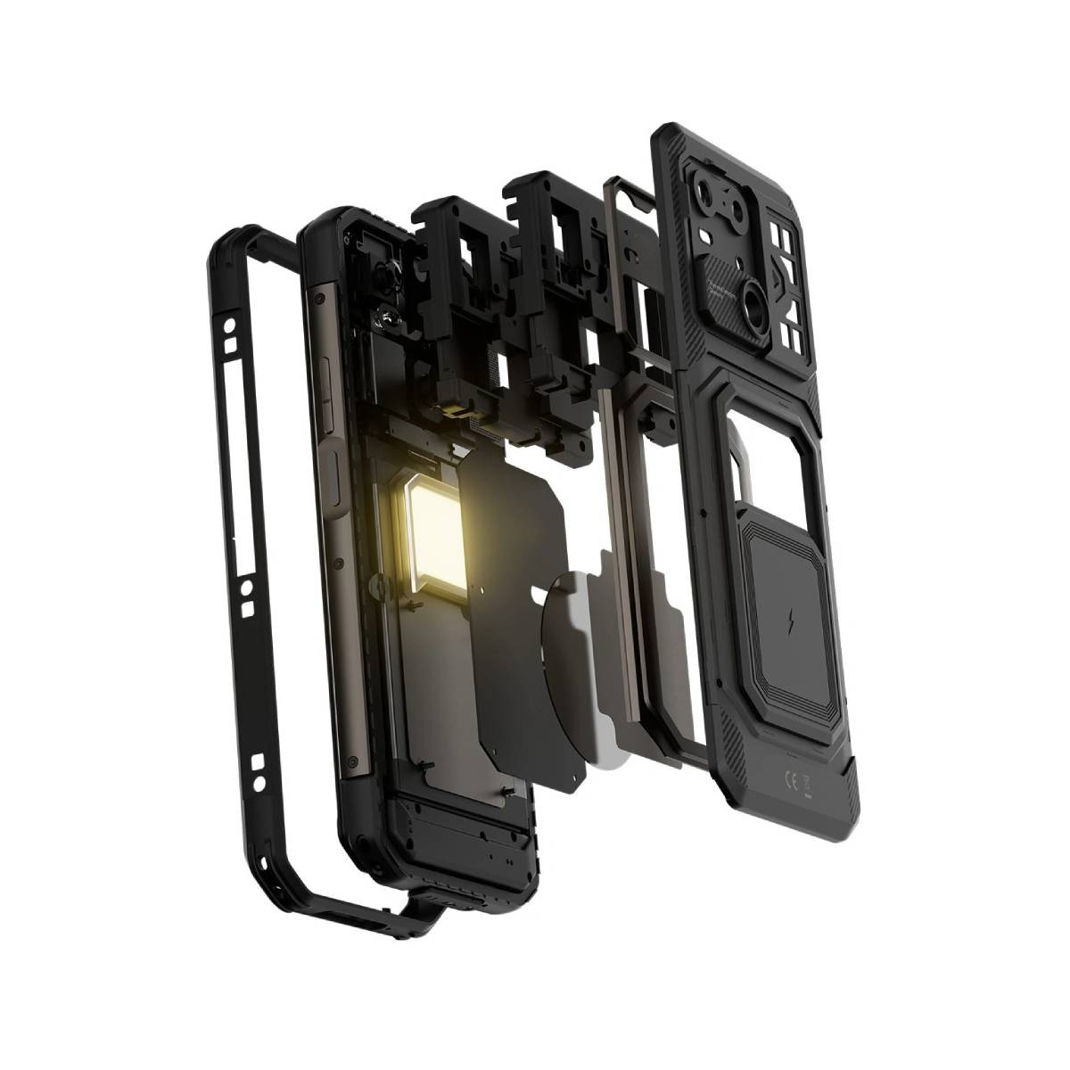 Vista esplosa di una cover nera per telefono con strati e dettagli.