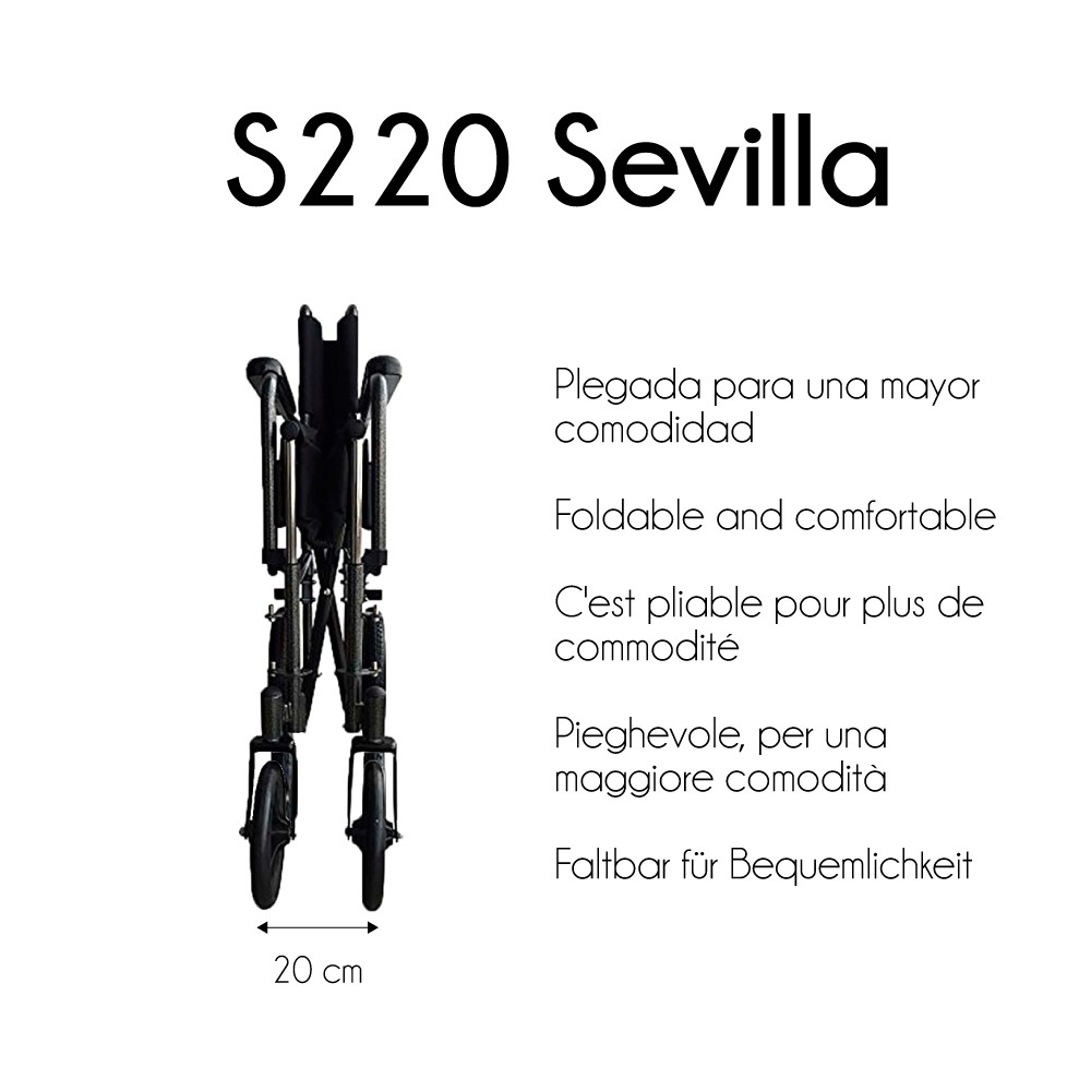 Una silla de ruedas plegada, de 20 cm de ancho, con texto.