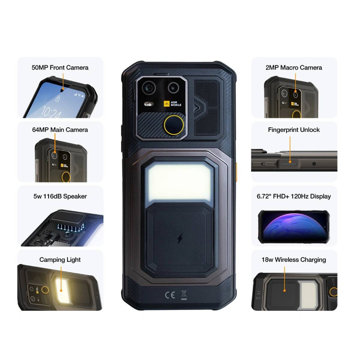 Smartphone robusto con fotocamere, altoparlante, luce da campeggio e dettagli display.