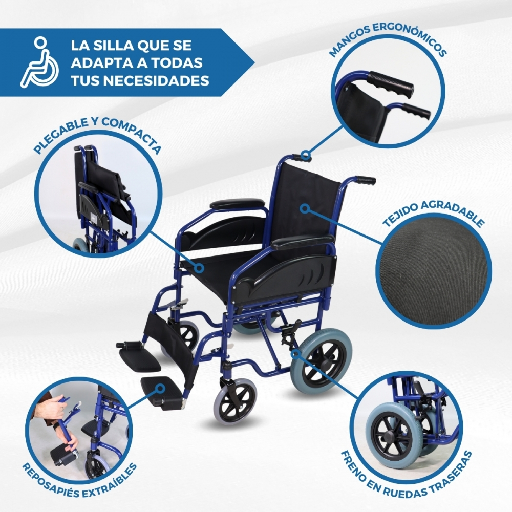 Silla de ruedas azul plegable con reposapiés extraíbles y mangos ergonómicos.