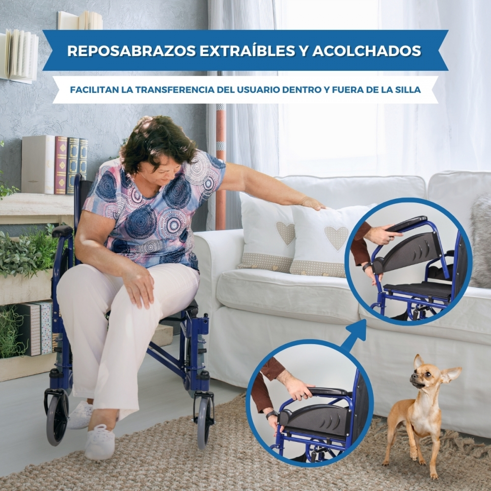 Una mujer en silla de ruedas junto a un sofá, con recuadros que muestran reposabrazos extraíbles.
