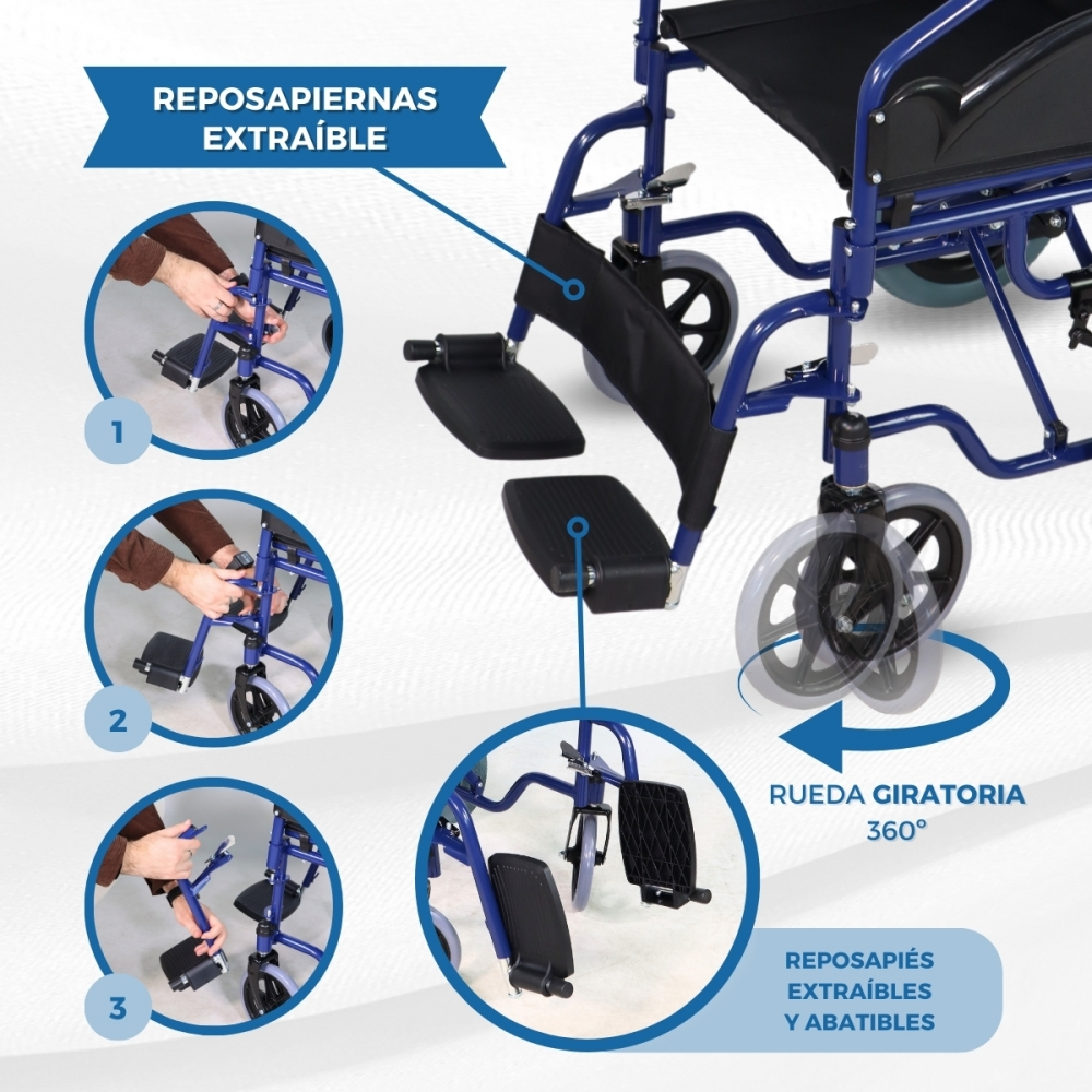 Silla de ruedas azul con reposapiés extraíbles y abatibles.