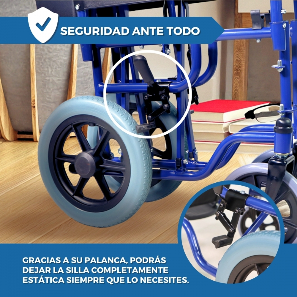 Detalles de silla de ruedas azul con ruedas y palancas.