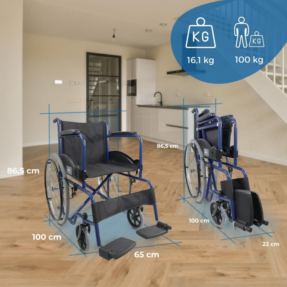 Dos sillas de ruedas azules, una abierta, otra plegada. Se indican dimensiones.