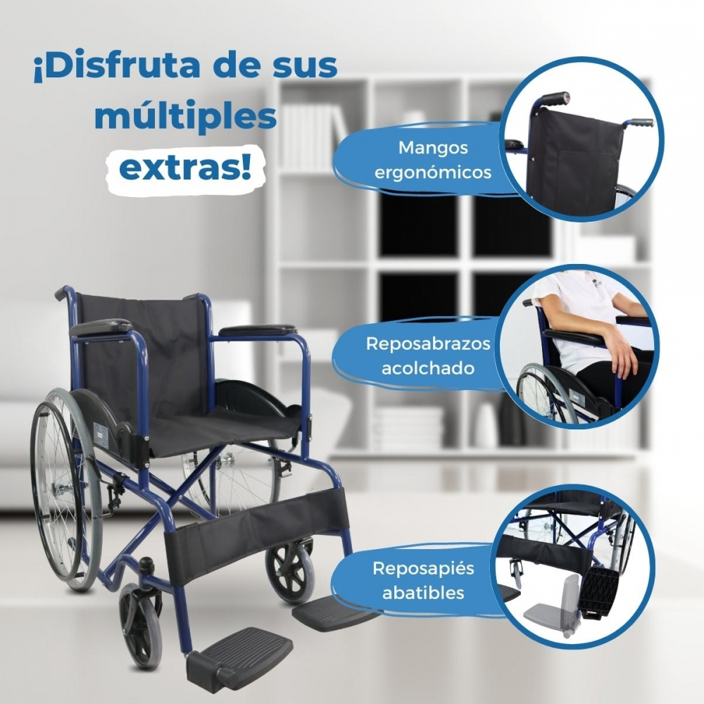 Una silla de ruedas azul con reposabrazos acolchados y reposapiés abatibles.