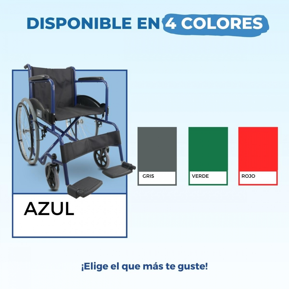 Una silla de ruedas azul con opciones de color gris, verde y rojo.