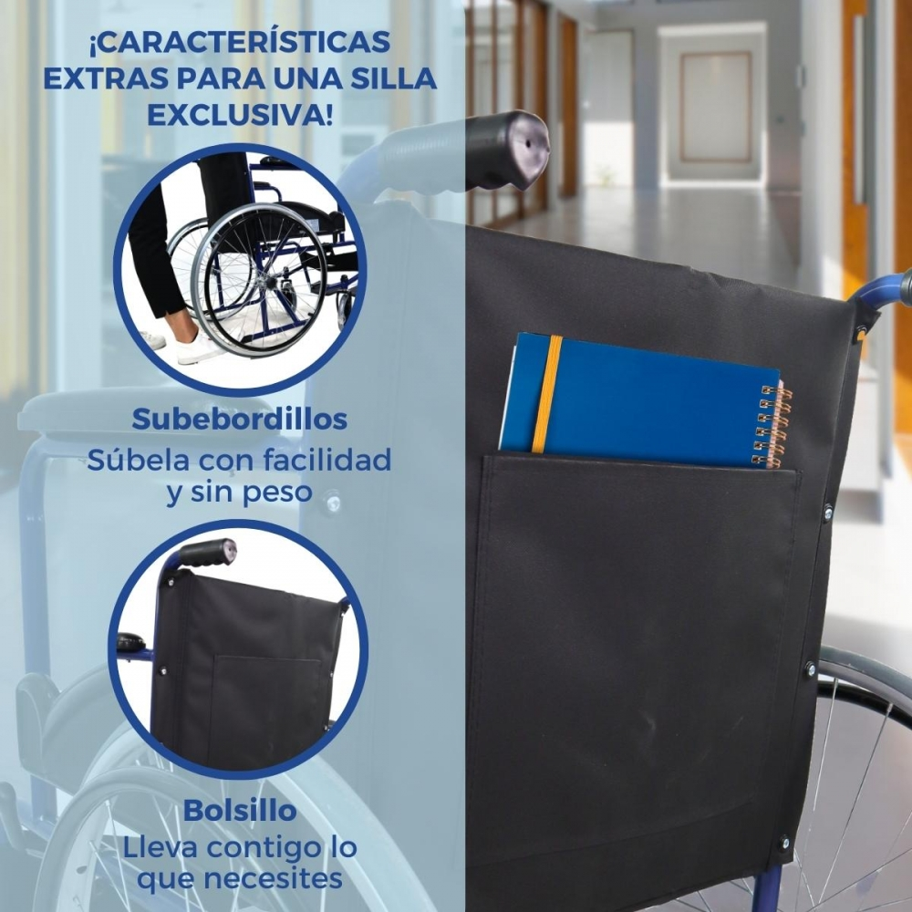 Una bolsa negra en una silla de ruedas azul sostiene un cuaderno azul.
