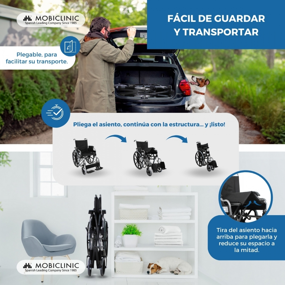Un hombre carga una silla de ruedas plegable en un coche. Un perro mira.