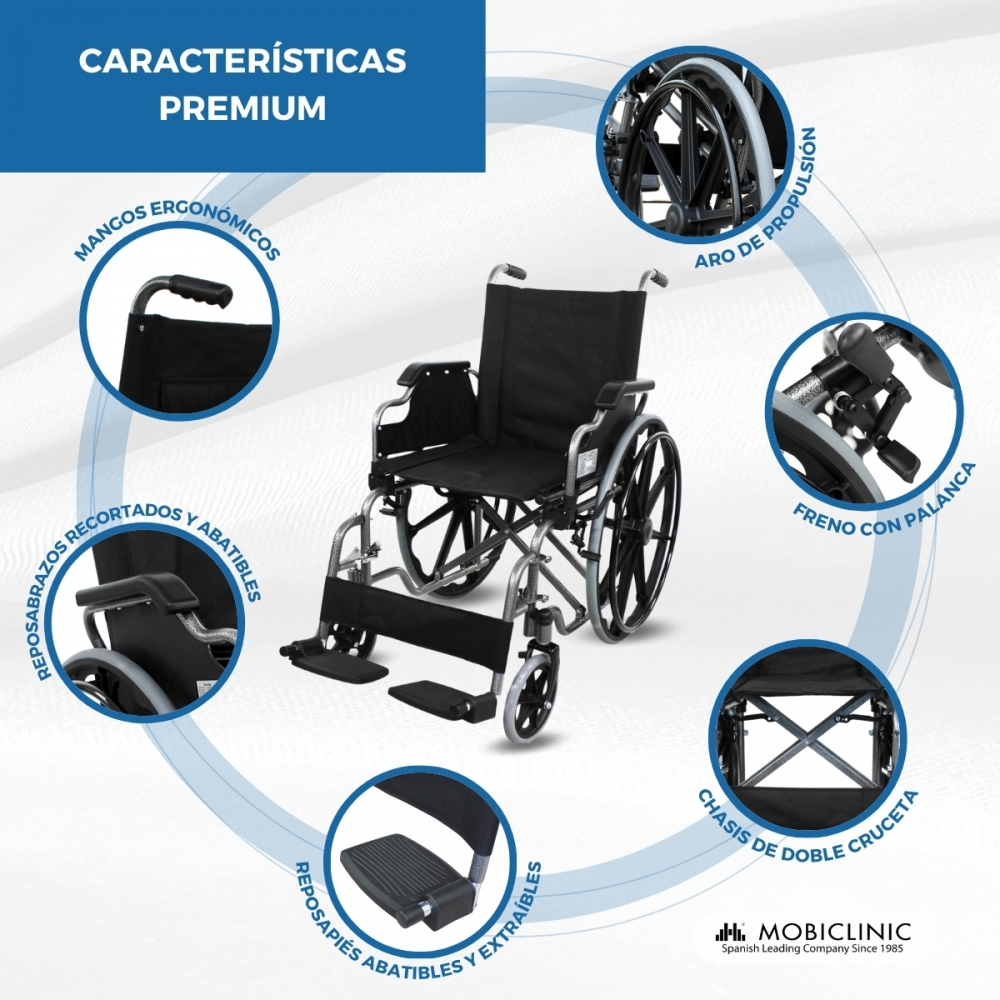 Una silla de ruedas negra con detalles como mangos y reposapiés ergonómicos.
