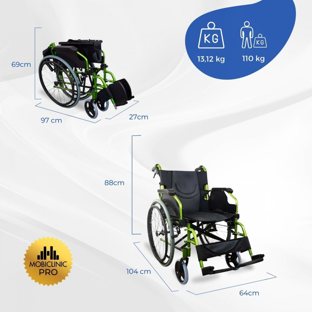 Silla de ruedas plegada y desplegada con dimensiones y pesos.