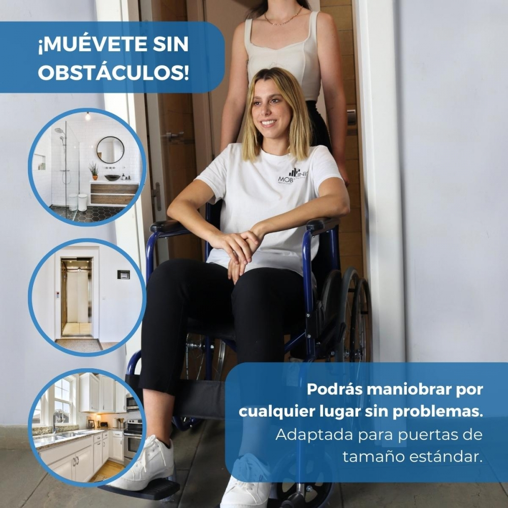 Una mujer en silla de ruedas es empujada por otra. Se muestran imágenes de baño, ascensor y cocina.