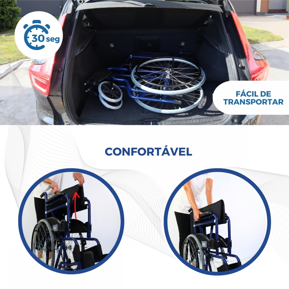 Una silla de ruedas azul se coloca en el maletero de un coche. Primeros planos muestran su plegado.