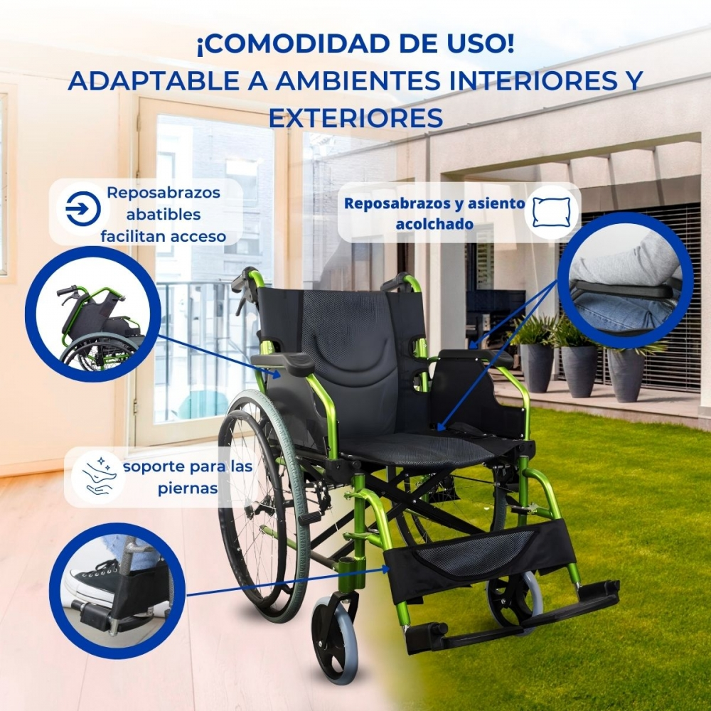 Una silla de ruedas con reposabrazos abatibles y asiento acolchado.
