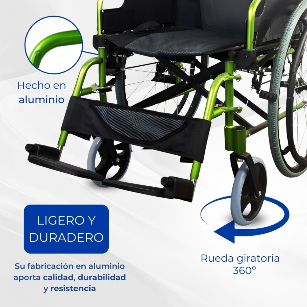 Silla de ruedas ligera de aluminio con ruedas giratorias 360°.