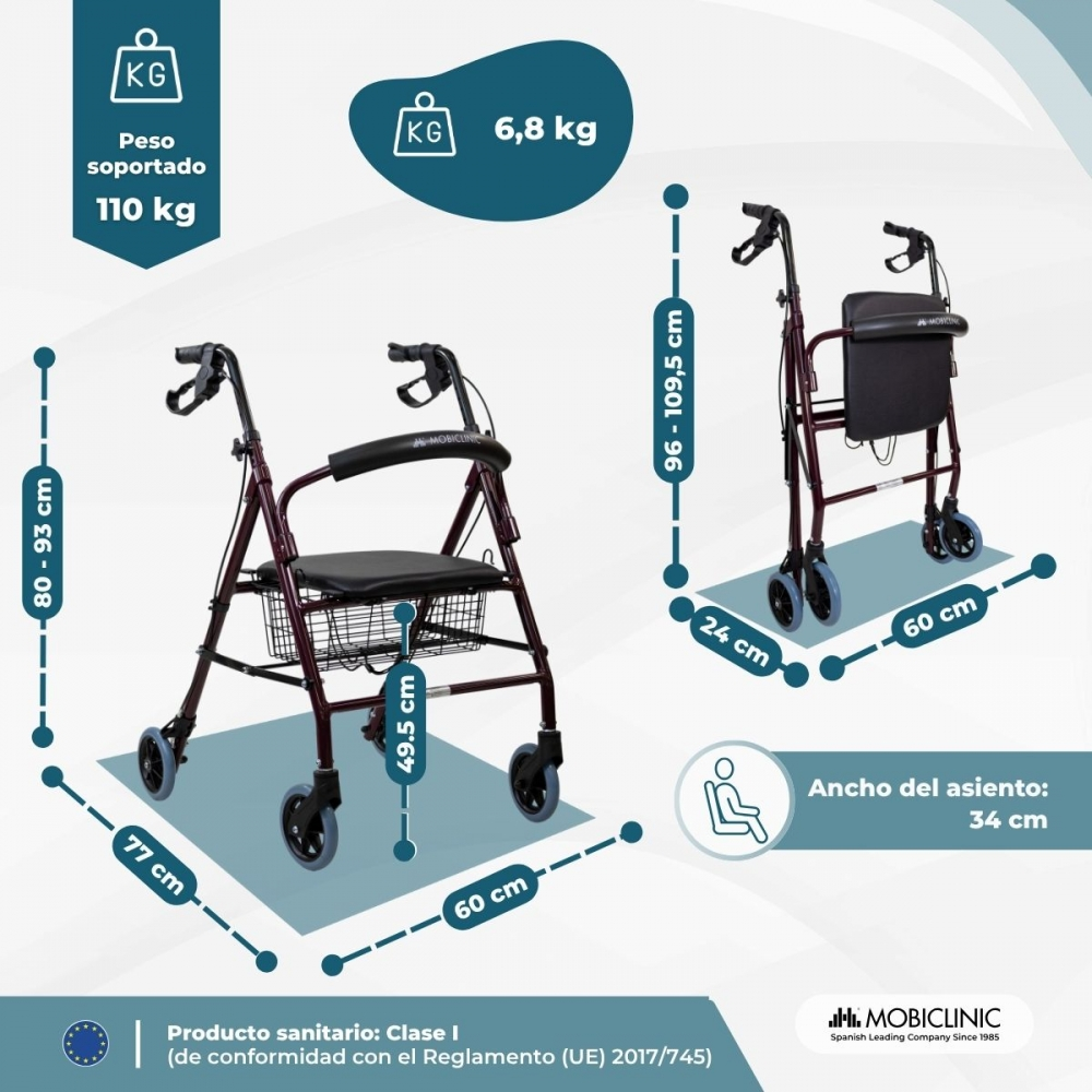Andador con asiento y cesta, soporta 110 kg. Se muestran dimensiones.