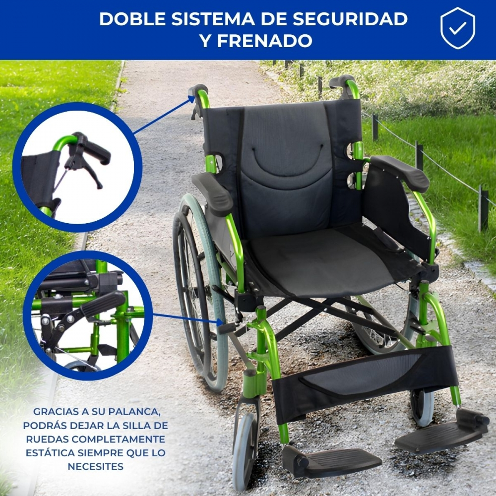 Una silla de ruedas verde con dos vistas cercanas de su sistema de frenado.