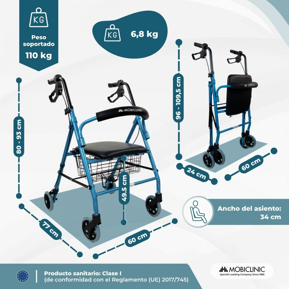 Un andador rollator azul con asiento, cesta, asas y dimensiones.
