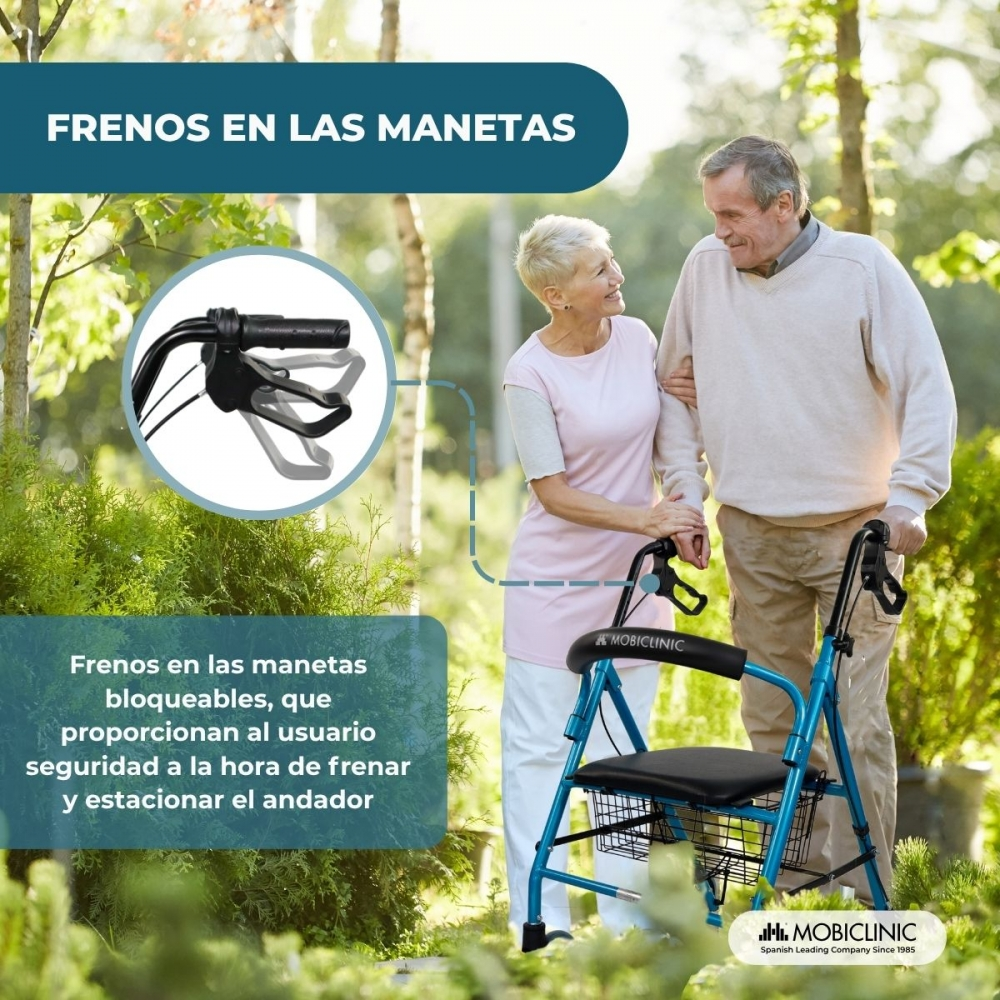 Pareja mayor con andador al aire libre, primer plano de los frenos.