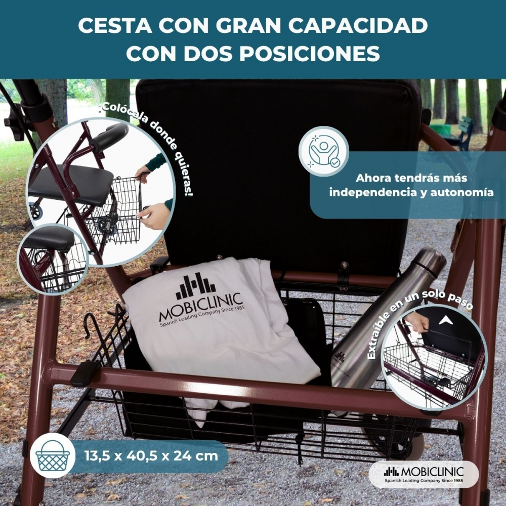 Un andador granate con dos cestas, un asiento y un portabotellas.