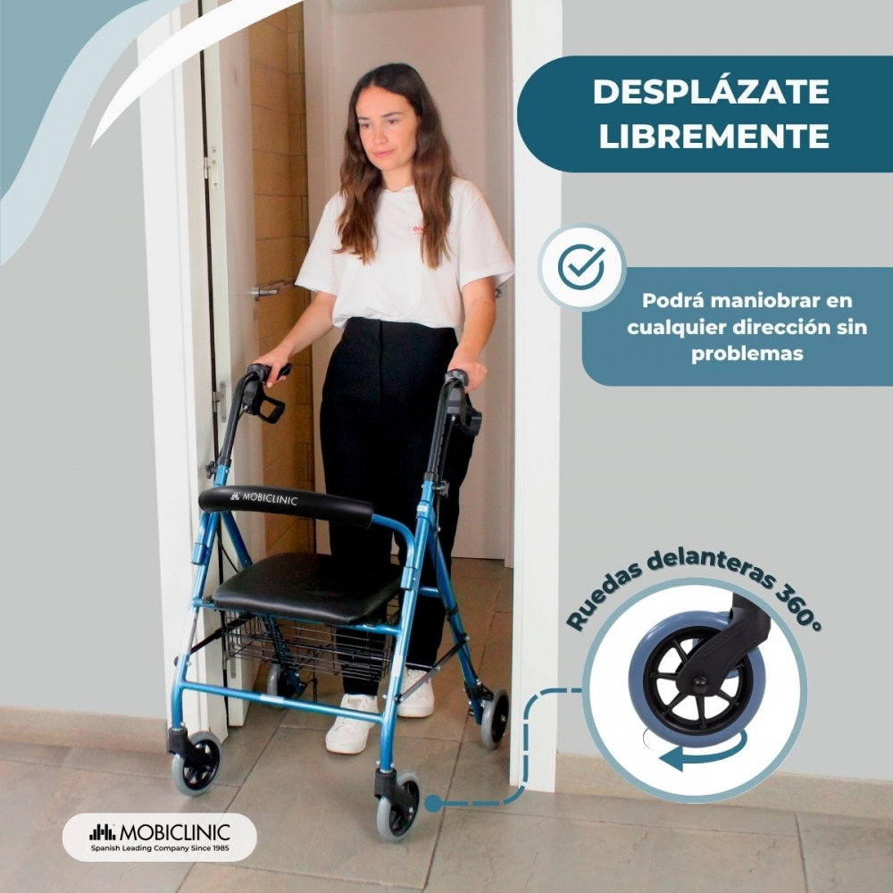 Una mujer usa un andador azul con asiento y cesta, diseñado para libre movimiento.