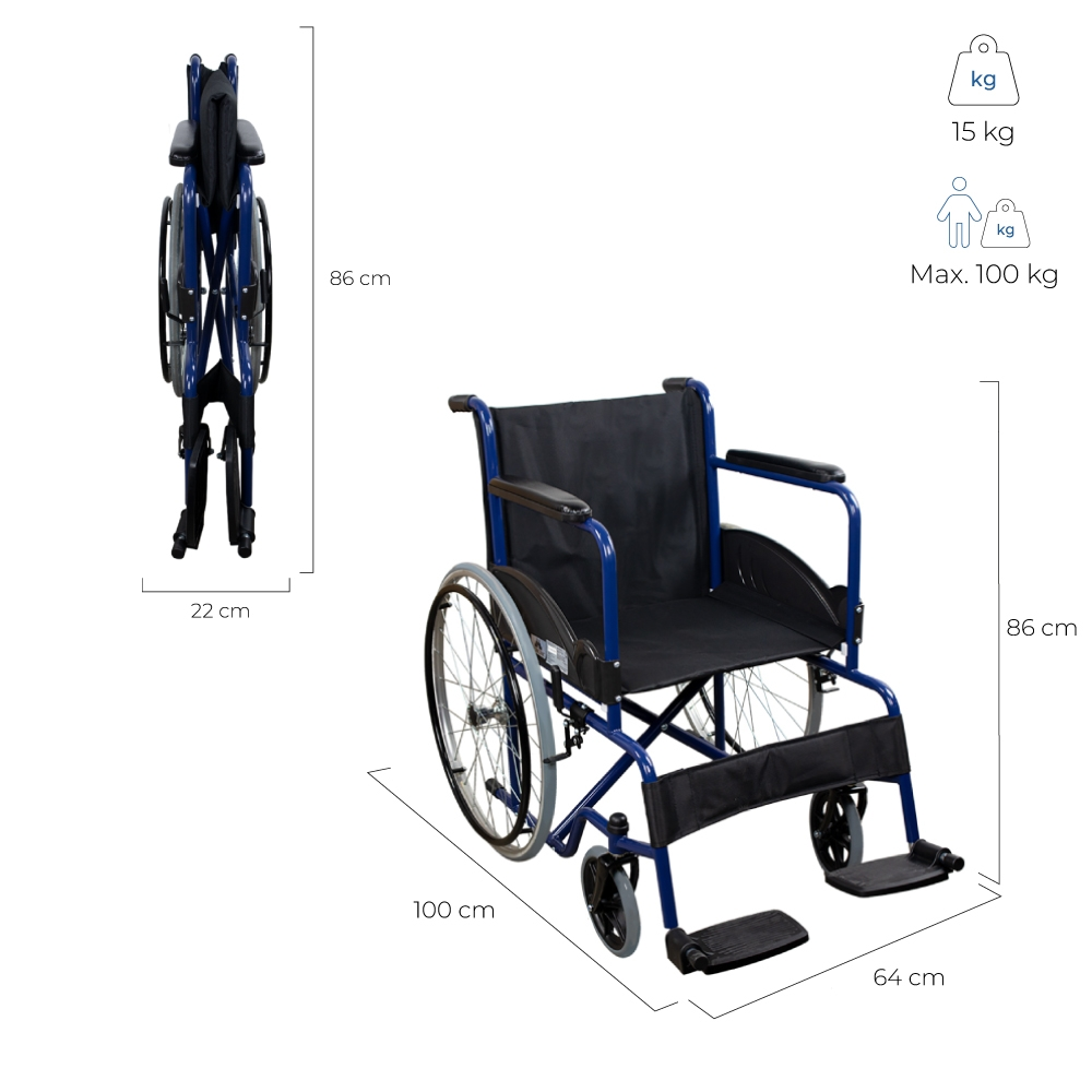 Una silla de ruedas azul, plegada y abierta, con dimensiones y especificaciones de peso.
