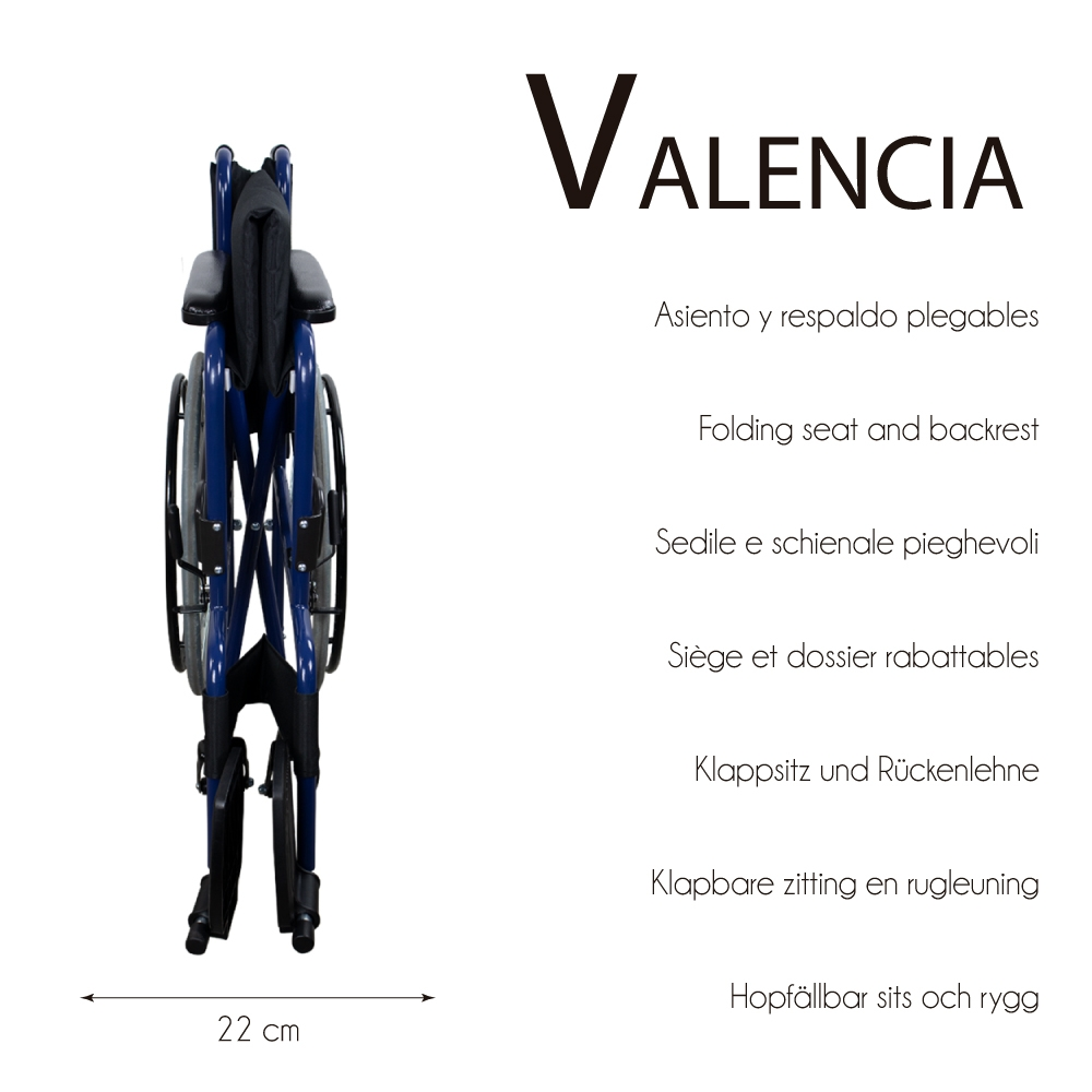 Silla de ruedas azul plegada, 22 cm de ancho.