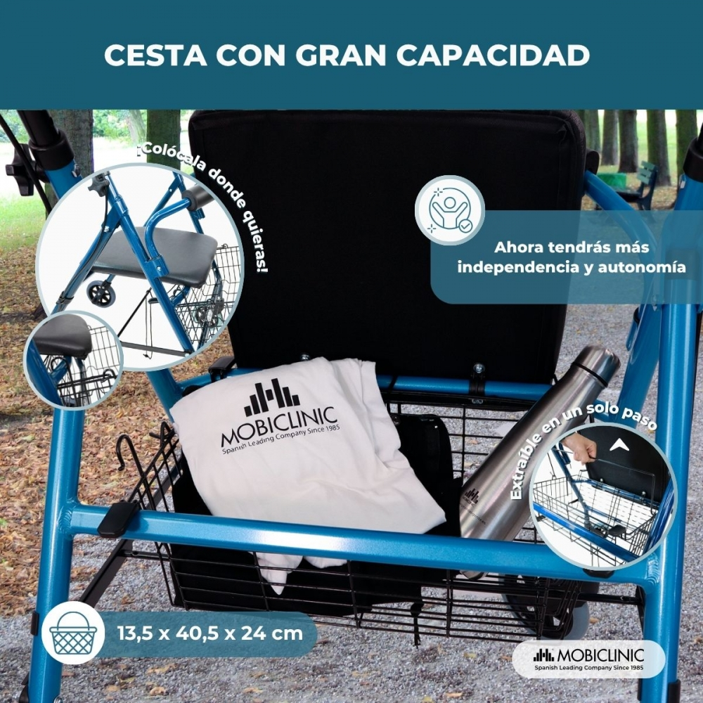 Andador azul con asiento y cesta grande, con botella de agua y bolsa.